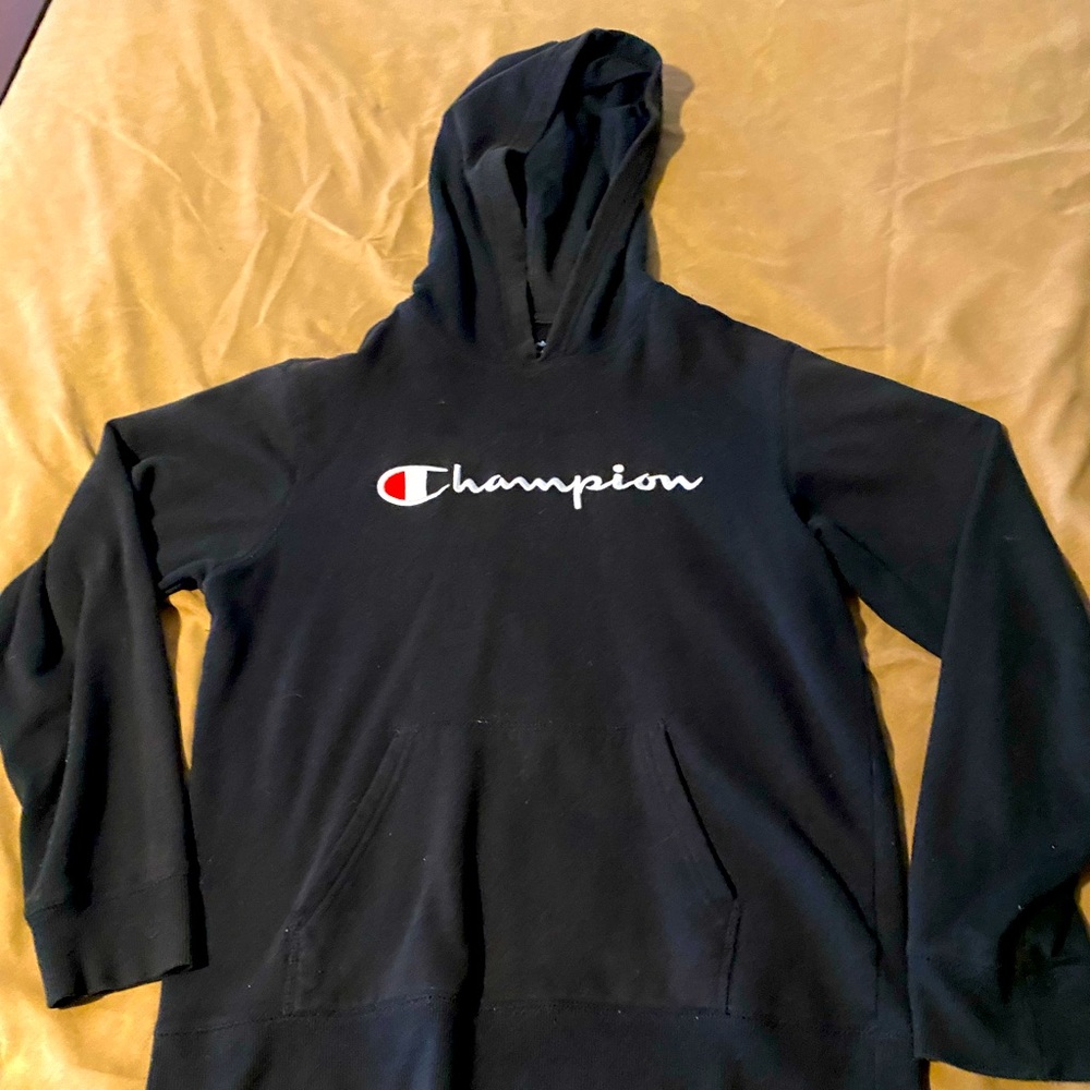 Black champion hoodie, XL youth